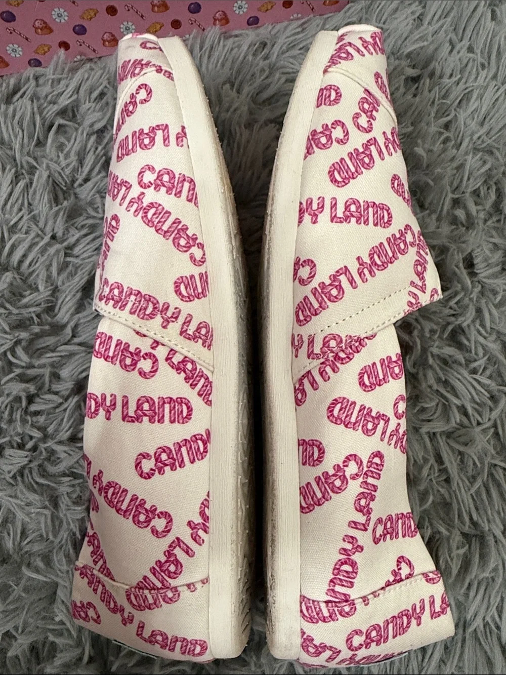 Toms Women's White Canvas Slip-Ons with Pink Candy Land Print